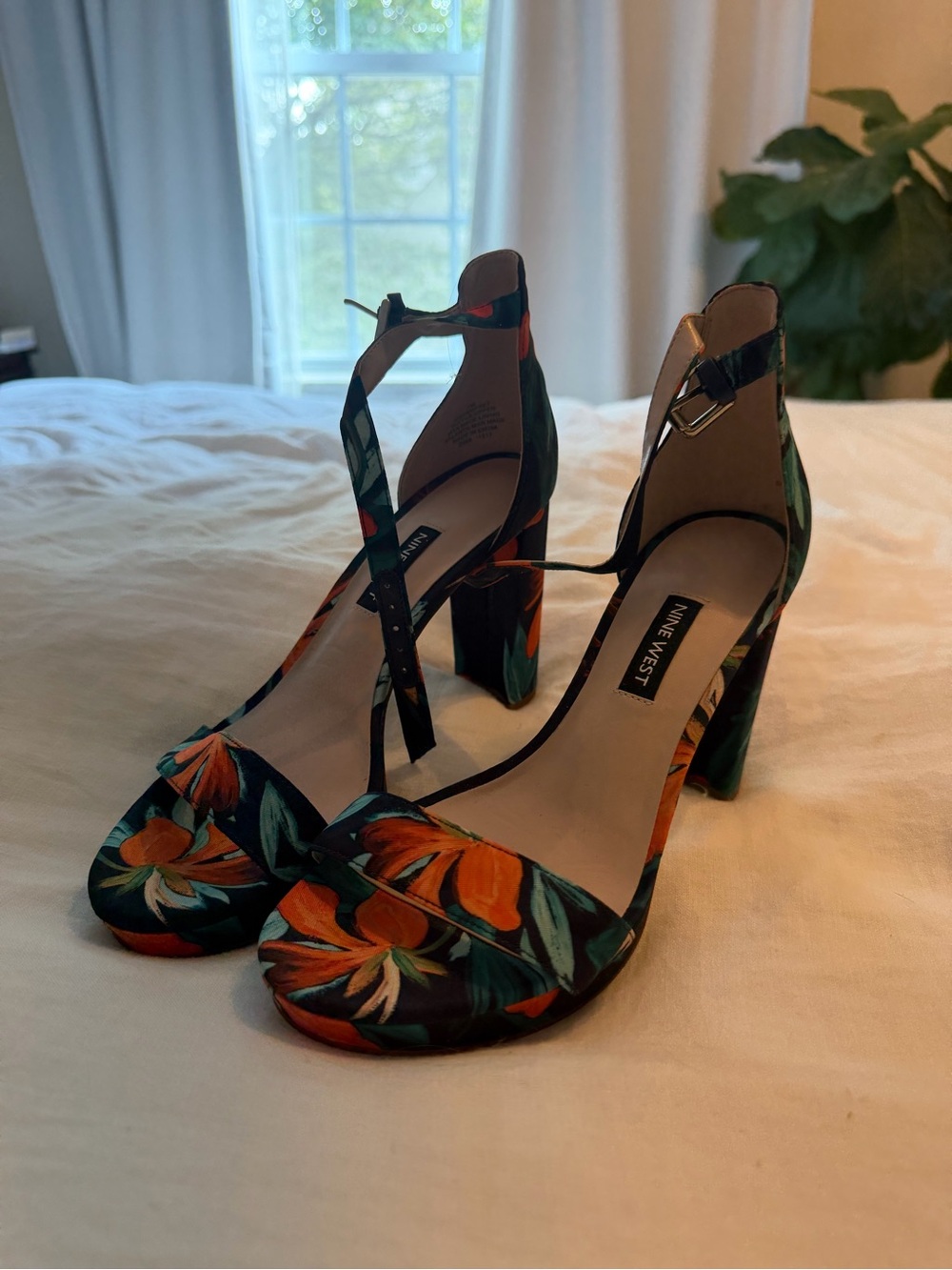 Nine West Floral T-Strap Block Heel Pumps in navy Orange bird of paradise